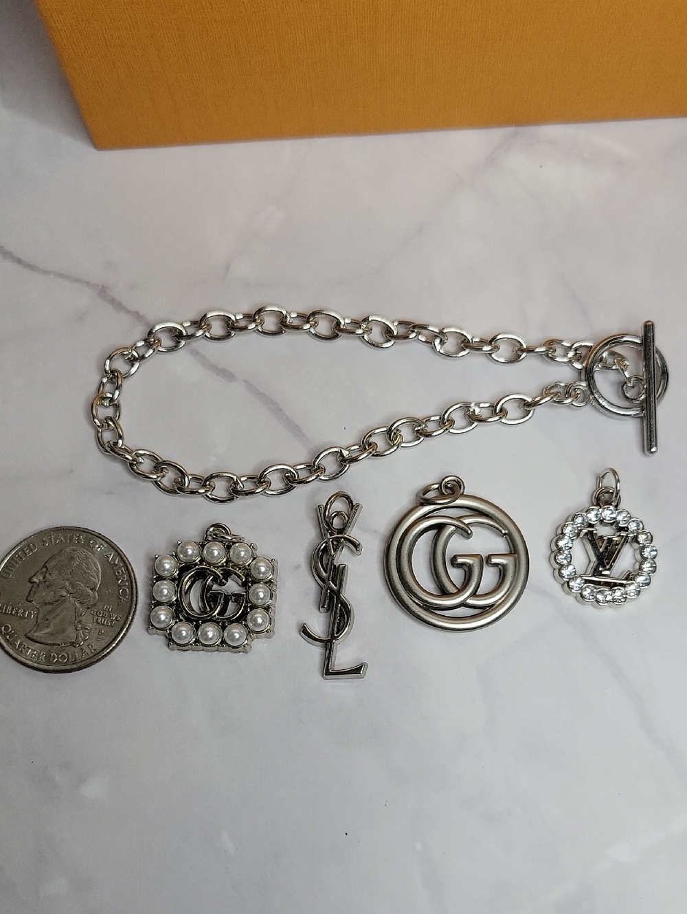 5 Pc. Lot Silver, Stainless Steel Toggle Bracelet, Zip Pulls, GG LV YSL, DIY